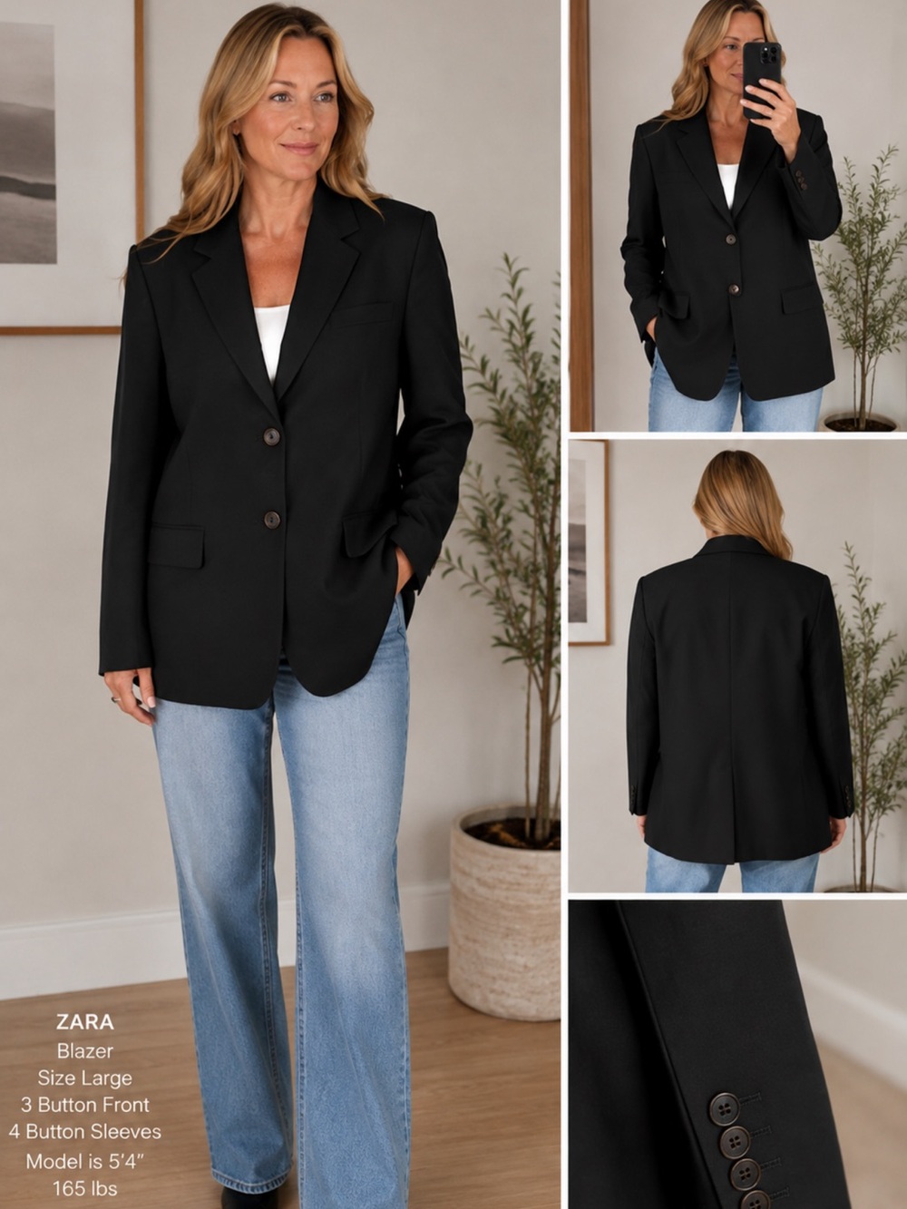 Zara Black Three-Button Single-Breasted Blazer